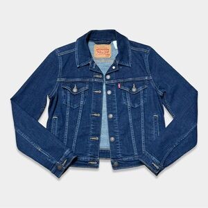 Levis Dark Wash Stretch Denim Vtg Classic Original Crop Trucker Jean Jacket S